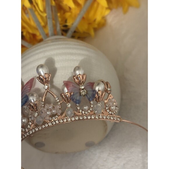 Girl’s Tiara Butterfly Princess Crown Gold Pearl Headband Rhinestone Hairpiece - Picture 6 of 8
